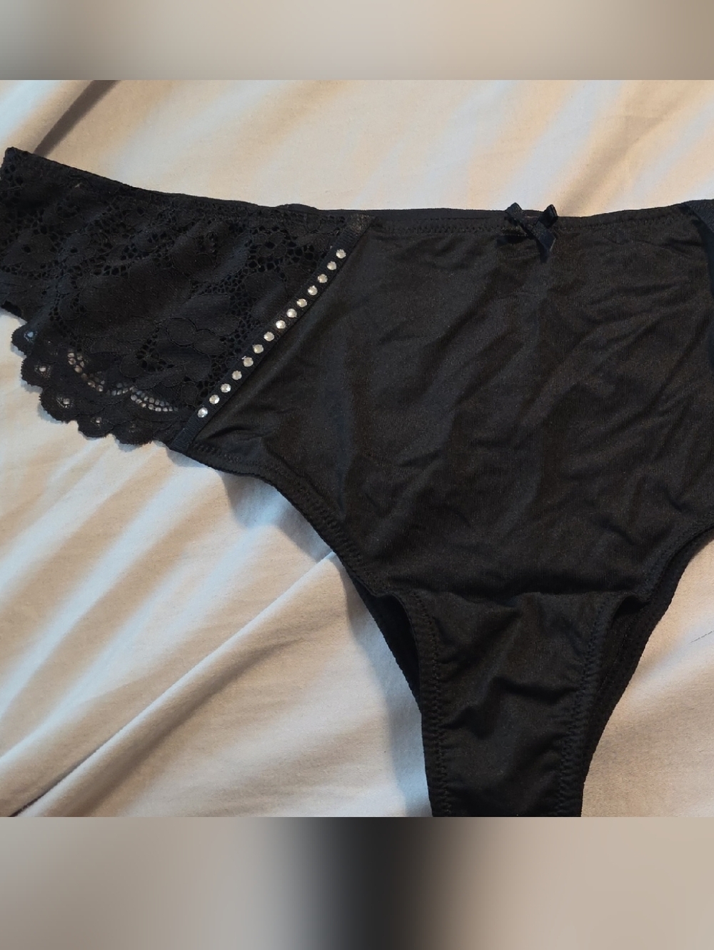 Cacique Black Lace Tanga with Rhinestone Accents